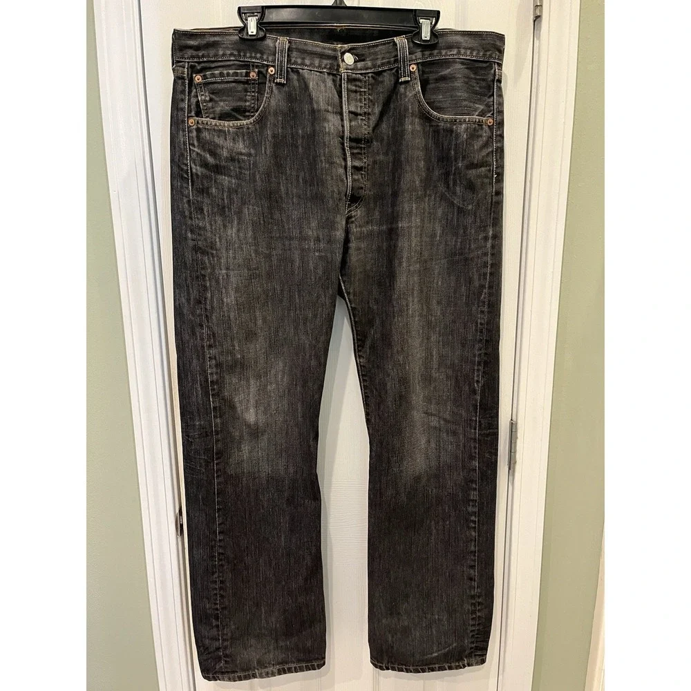 Levis 501 Jeans Button Fly 39x32 Black Wash Faded‎ Black Batwing Irregular 36x30